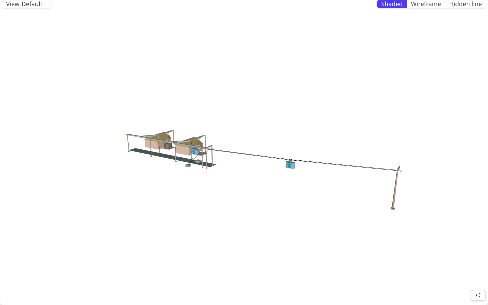 A neighbourhood pod line on rail running out onto twin track cables, from the live Suspended Pod Line demo