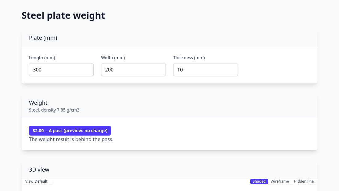 A steel plate weight calculator built by the Prompt Lab, with a paid pass on its result