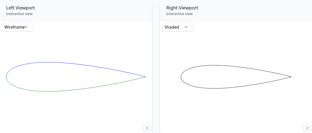 Wireframe and shaded airfoil viewports from the live NACA NURBS demo