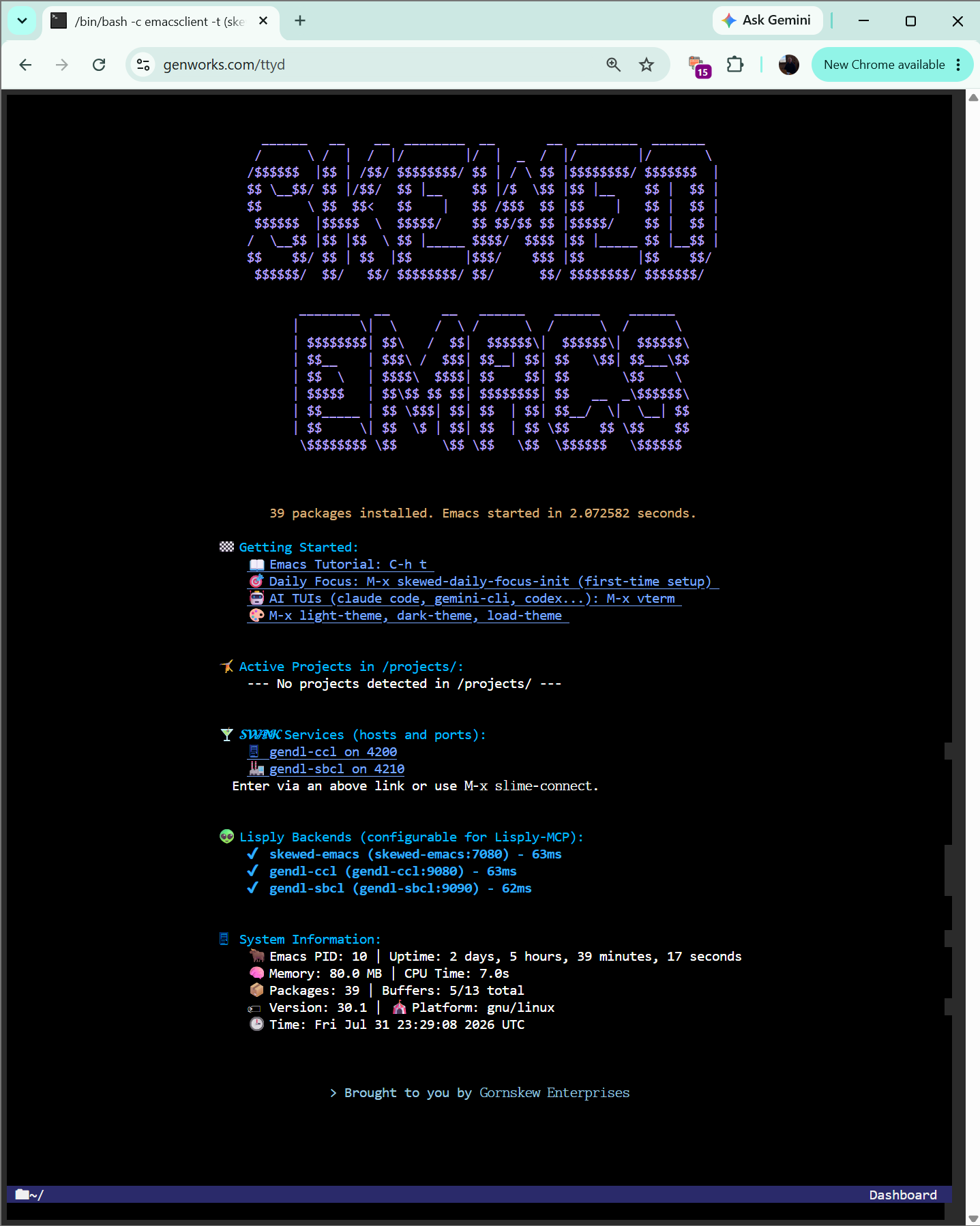 Genworks GDL running in a browser terminal